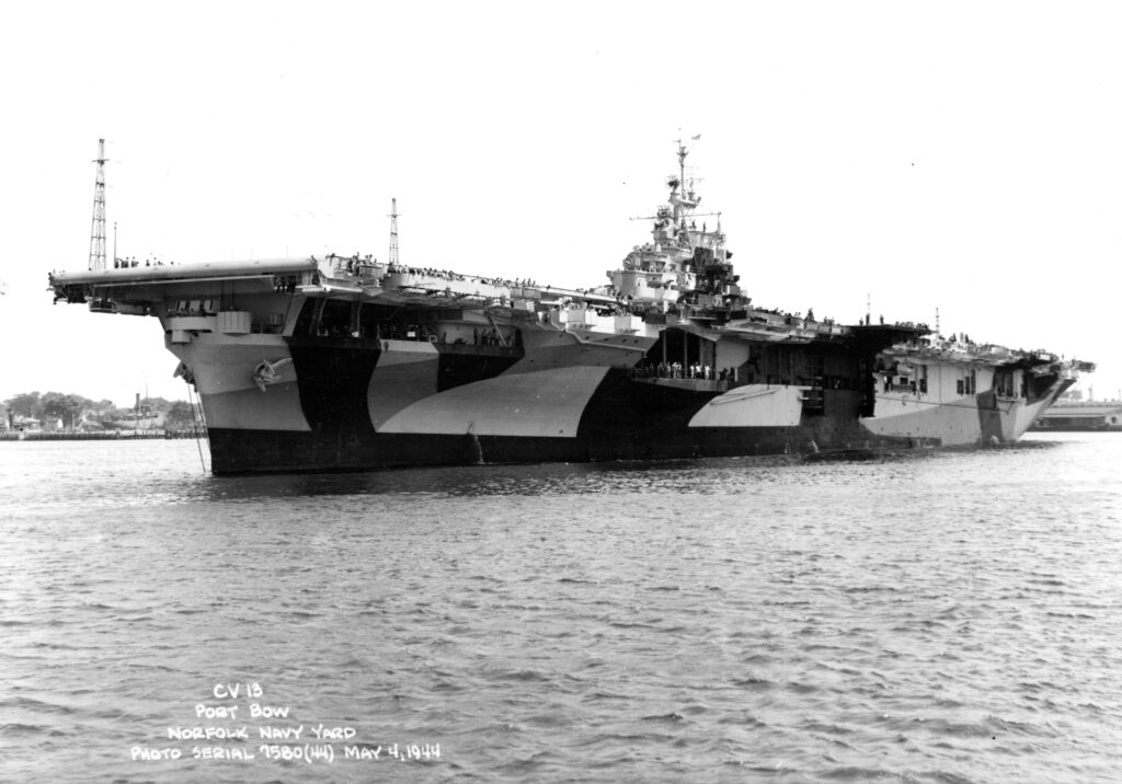 Photo of the USS Franklin off the port bow, May 4, 1944