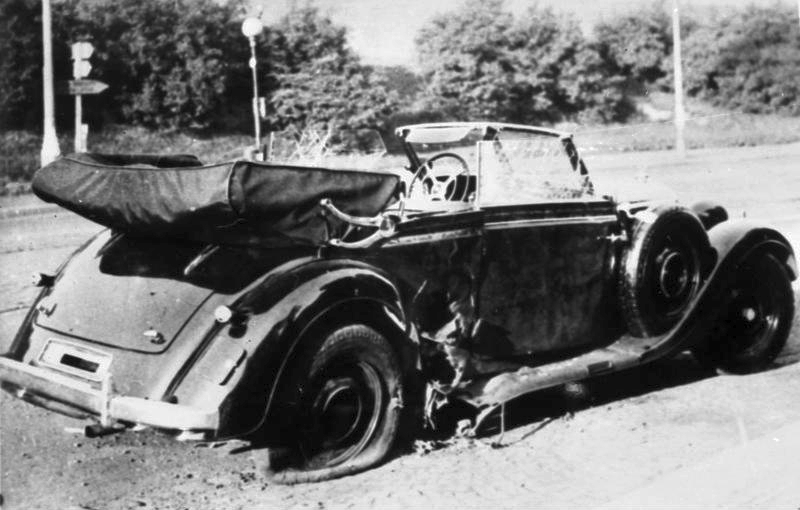 The damaged car in which Heydrich was riding when he was shot.