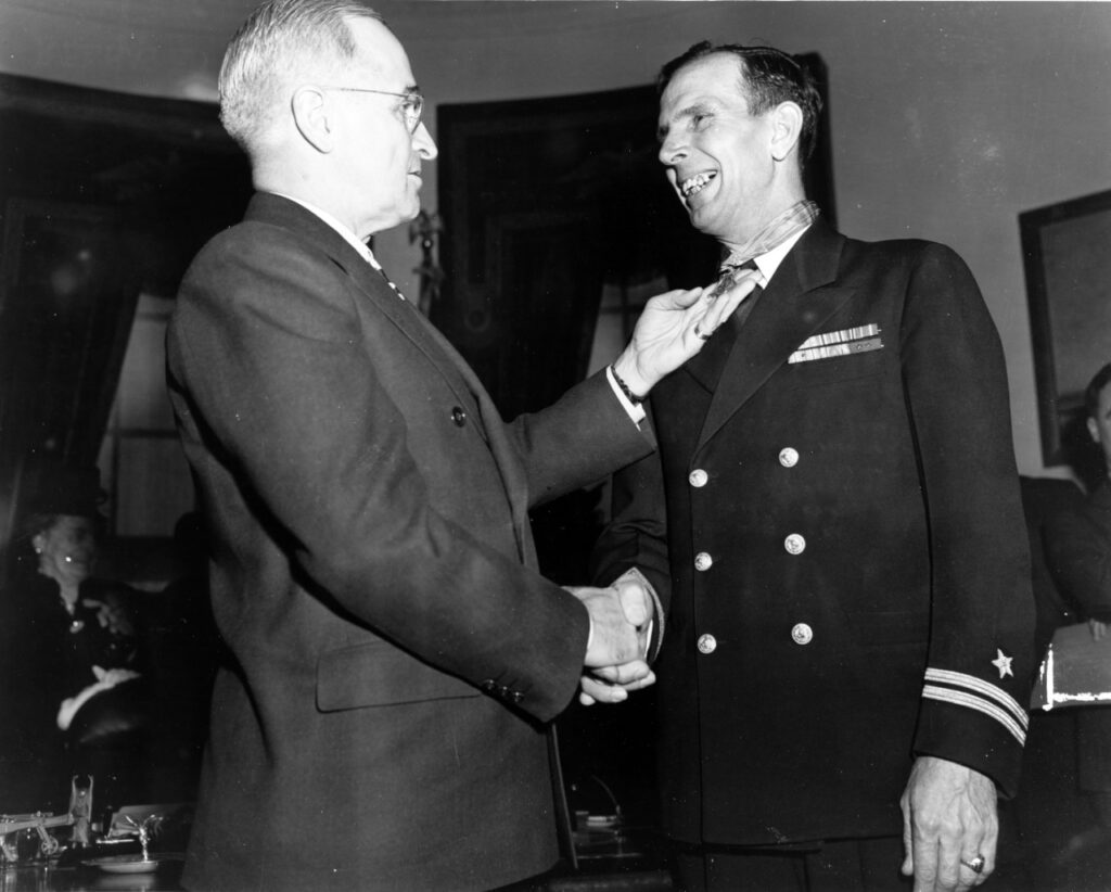 President Truman presents Lt (j.g.) Donald Gary with the Medal of Honor