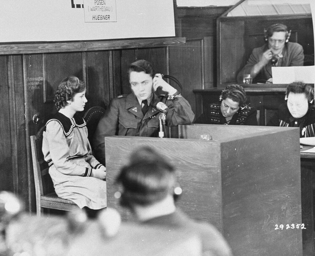 Marie Šupíková, one of the children kidnapped from Lidice, testifies at the RuSHA trial