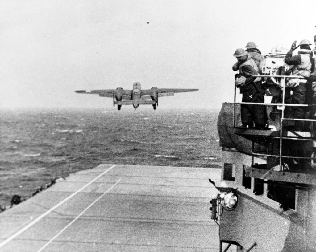 80-G-41196. An Army Air Force B-25B bomber takes off from Hornet at the start of the Doolittle raid, 18 April 1942.