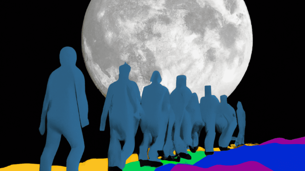 “Humans walking together” by Anna Tumadóttir for Creative Commons was generated using Artificial Intelligence (AI) by Dall-E with the text prompt “a group of individual faceless humans in all different colors walking on the lunar surface in three dimensions.” CC dedicates any rights it holds to the image to the public domain.