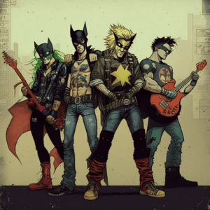 “Grunge Heroes” by Stephen Wolfson for Creative Commons was generated by the Midjourney Artificial Intelligence (AI) platform with the text prompt “a grunge band from the 1990s made up of superheroes.” CC dedicates any rights it holds to the image to the public domain.