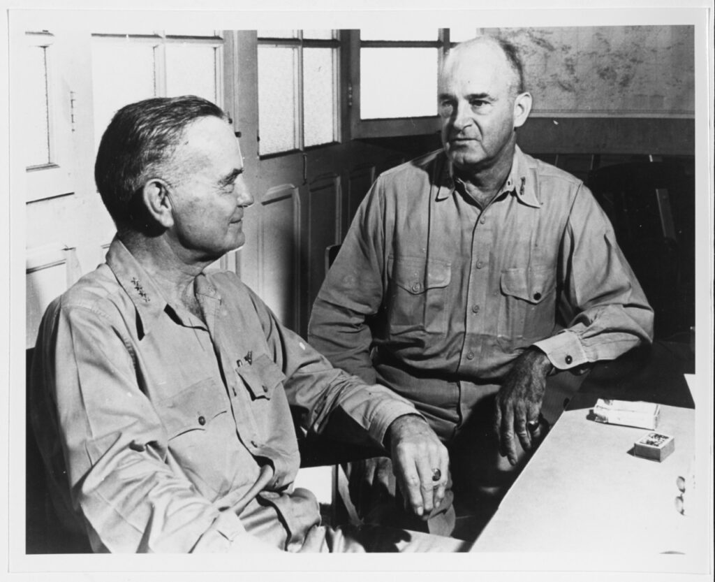 (left), Commander South Pacific Force Confers with Major General Alexander A. Vandegrift, USMC, Commanding General, First Marine Division, at South Pacific Force headquarters, Noumea, New Caledonia, in January 1943. Both men understood the importance of logistics. Courtesy of the U.S. Naval Institute Photograph Collection, 1981. U.S. Naval History and Heritage Command Photograph.