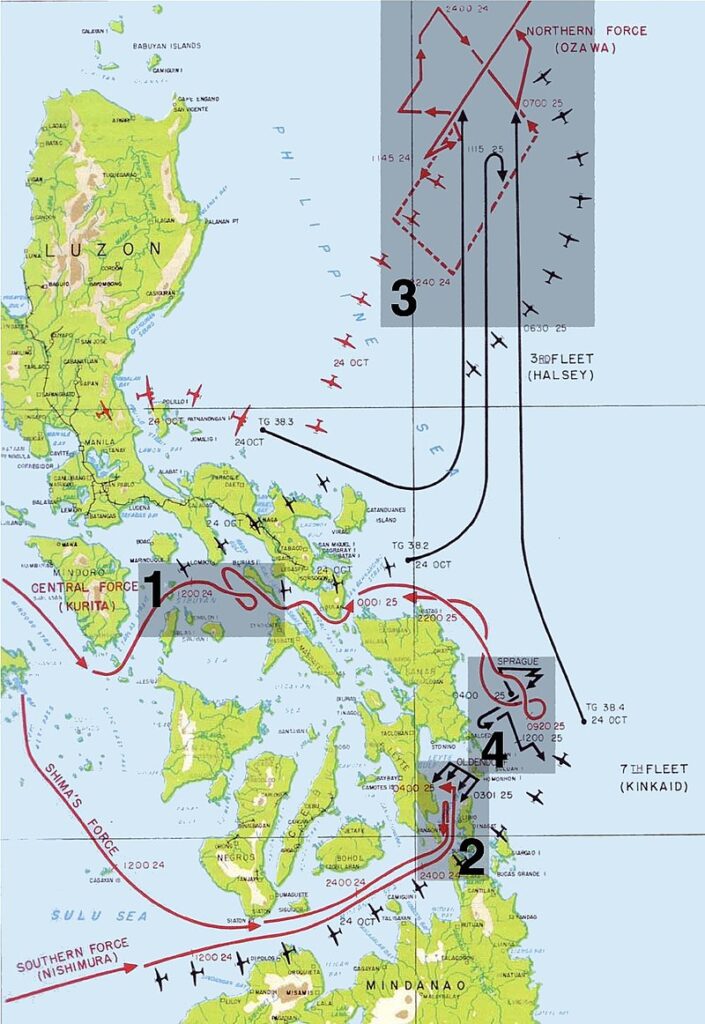 Map of the various battles fought between 24-26 October 1944 in the Philippines.