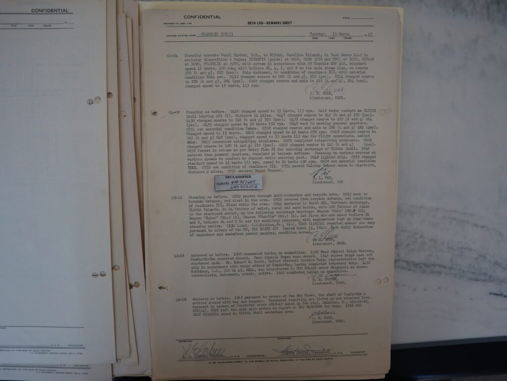 USS Franklin deck log for 13 March 1945 showing arrival and anchoring at Ulithi.