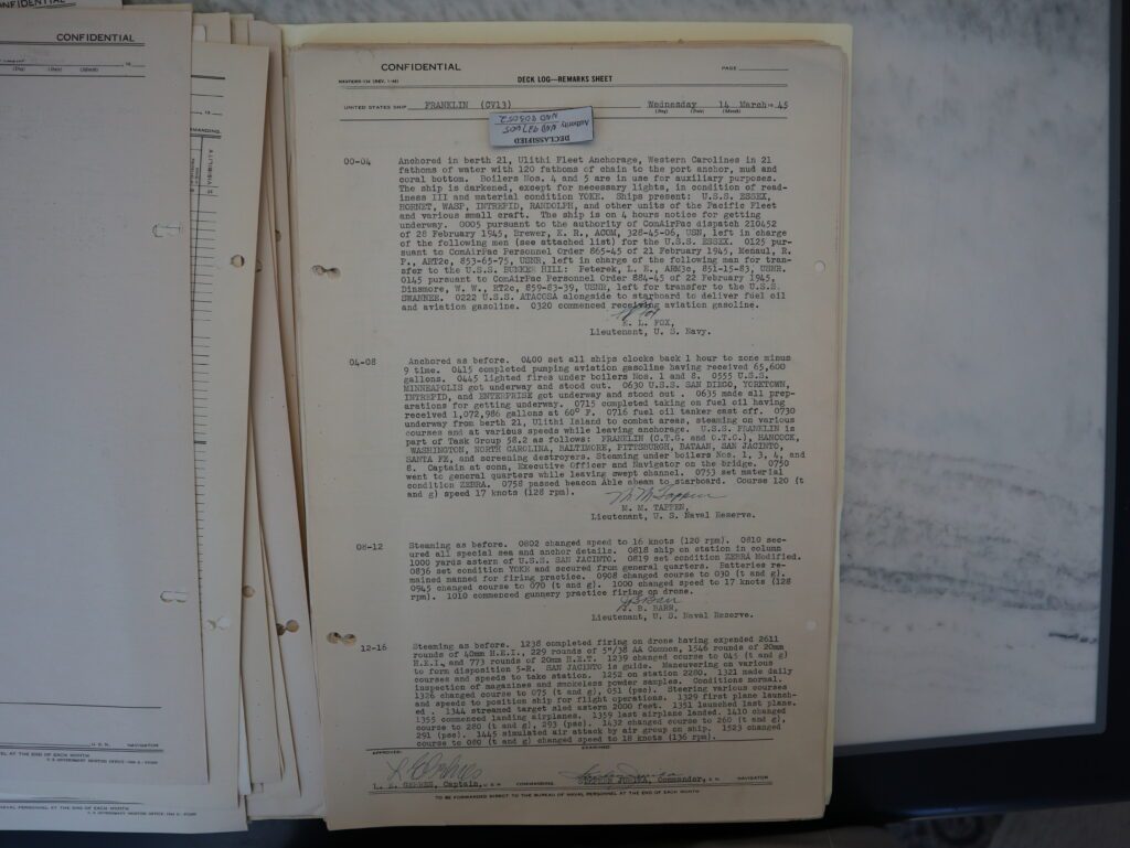 14 March 1945 deck log of USS FRANKLIN for the time of 1201 midnight to 1600 hours. Discusses leaving Ulitihi Atoll, other ships accompanying her, gunnery practice, and air operations.