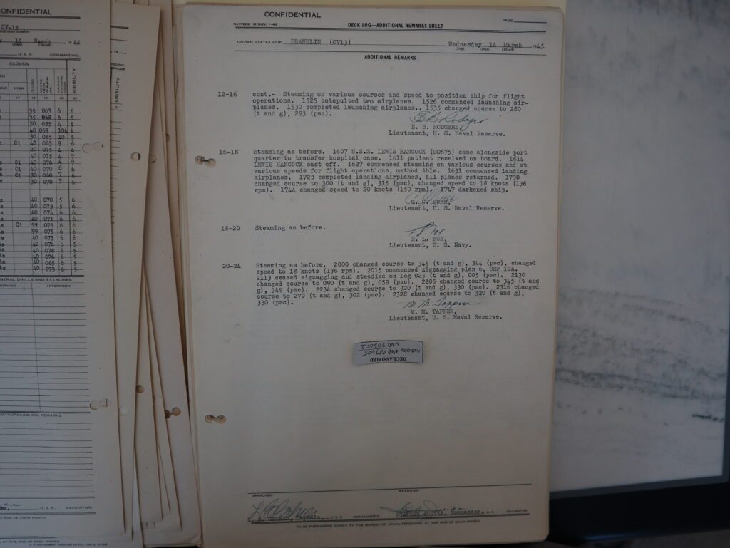 1200-2400 14 MAR Decklog of USS FRANKLIN. Discusses flight operations and course changes.