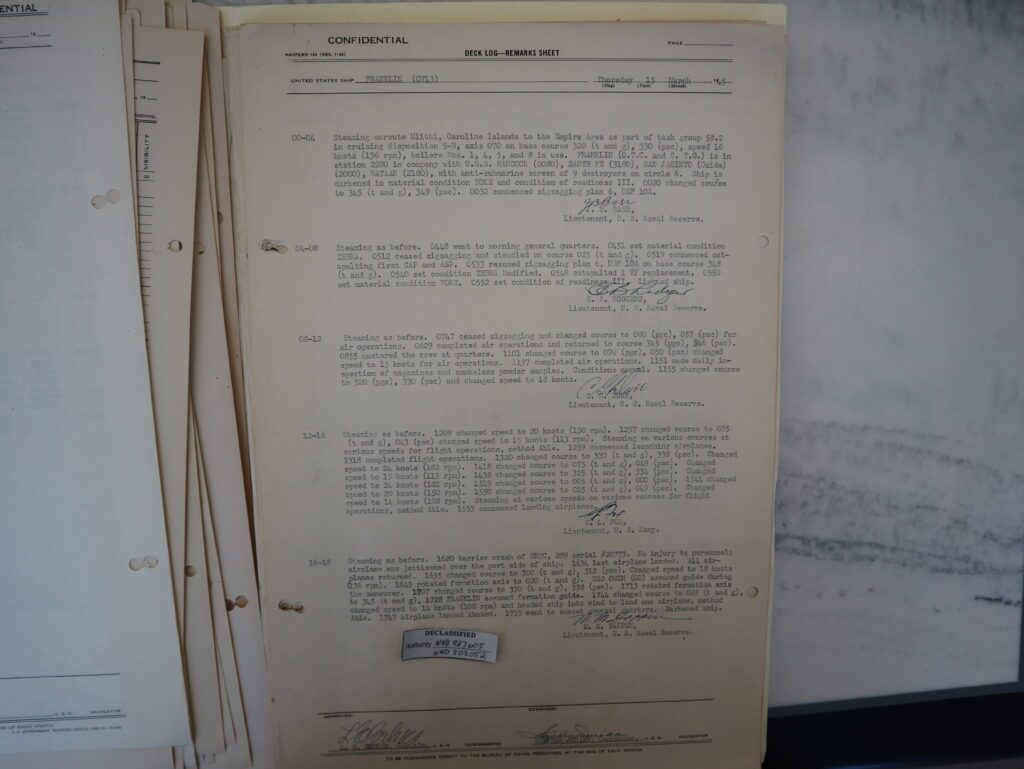 USS FRANKLIN deck log 15 MAR 1945 1000 hours to 1800 hours. Log shows ship and Task Force en route to combat area. off the southern coast of Japan.