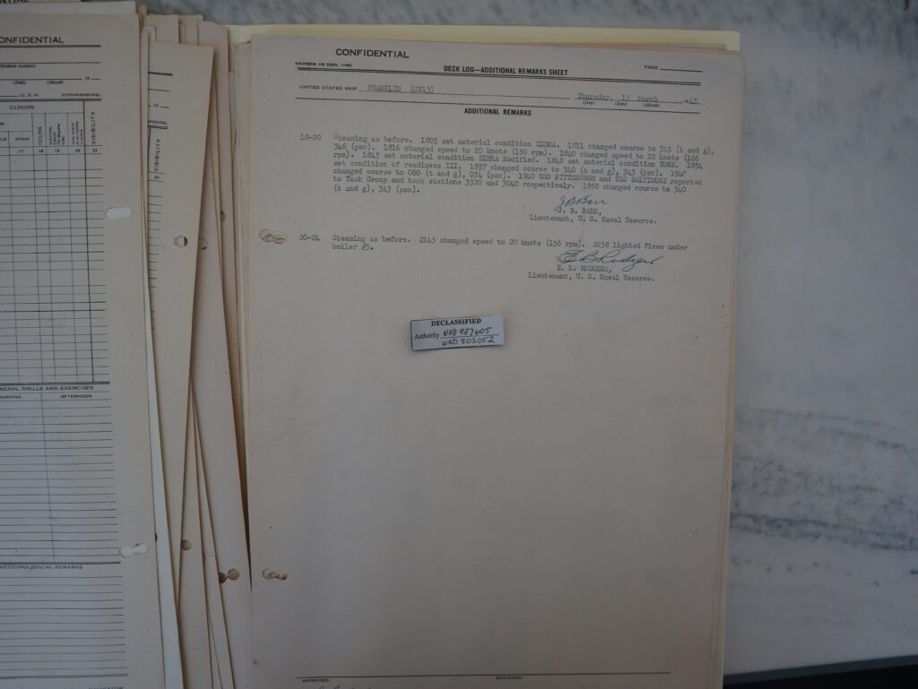 USS FRANKLIN deck log 15 MAR 1945 1800 hours to 2400 hours. Log shows ship and Task Force en route to combat area. off the southern coast of Japan.