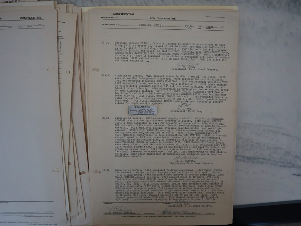 USS FRANKLIN deck log 16 MAR 1945 0000 hours to 1600 hours. Log shows ship and Task Force en route to combat area. off the southern coast of Japan.