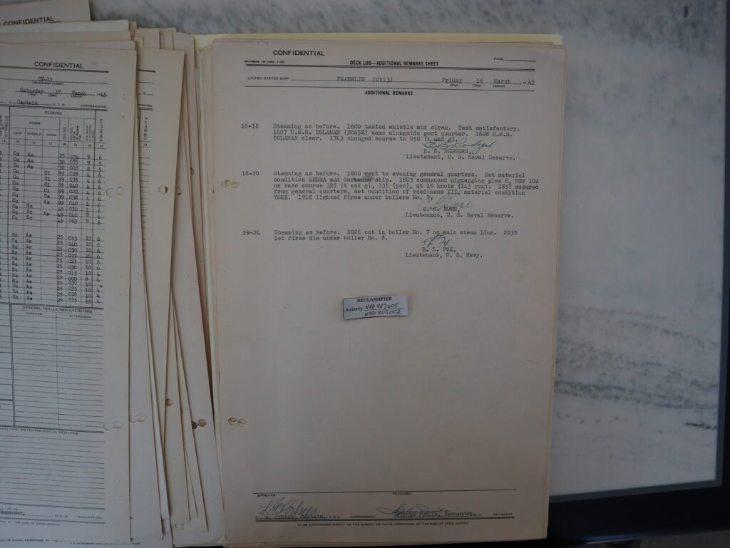 USS FRANKLIN deck log 15 MAR 1945 1000 hours to 1800 hours. Log shows ship and Task Force en route to combat area. off the southern coast of Japan.