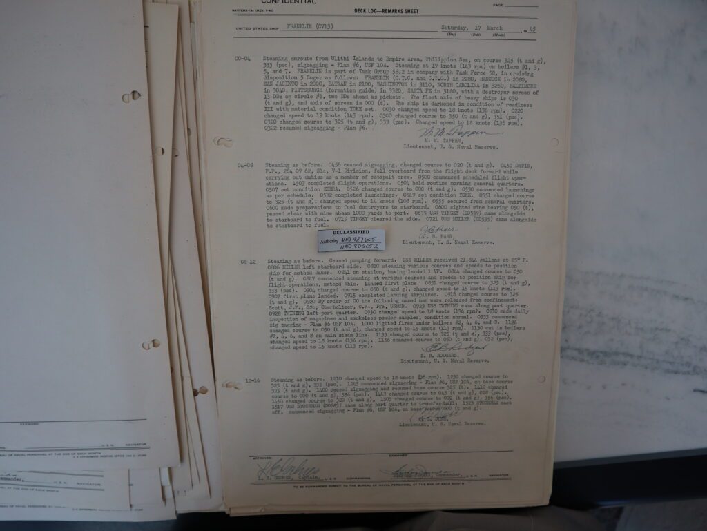 Page 1 of 17 March 1945 deck log of USS FRANKLIN showing crusing disposition and ship's status. Natioal Archives Box 3665 P118-A1. Author photo