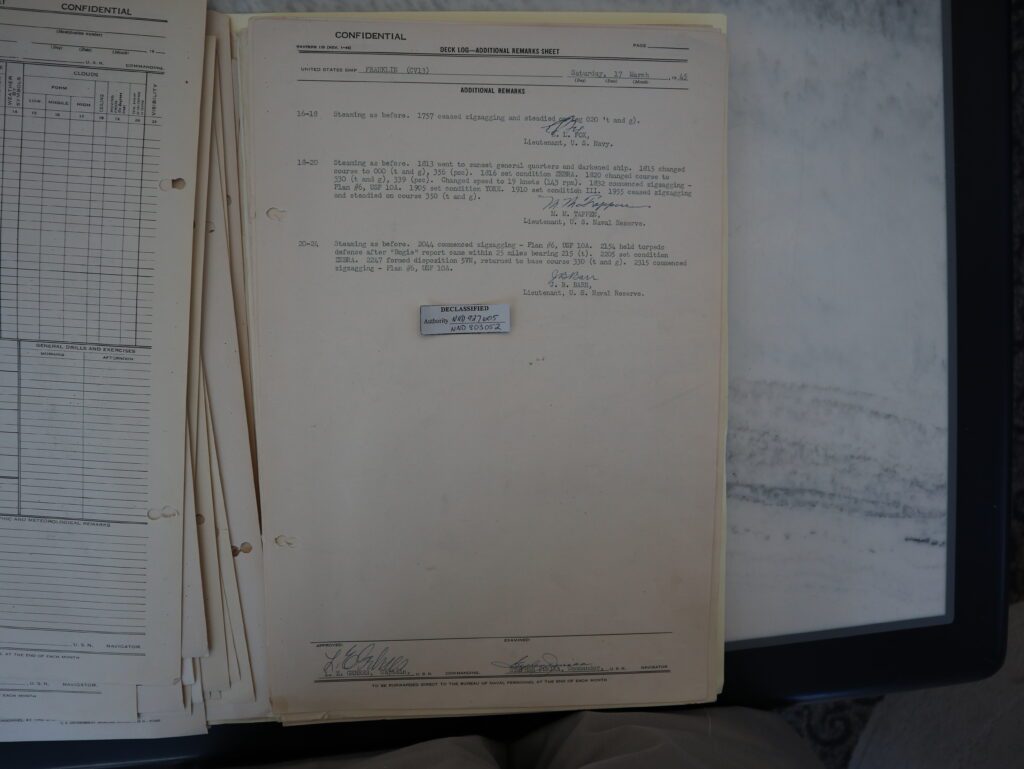 Page 2 of 17 March 1945 deck log of USS FRANKLIN showing crusing disposition and ship's status. Natioal Archives Box 3665 P118-A1. Author photo