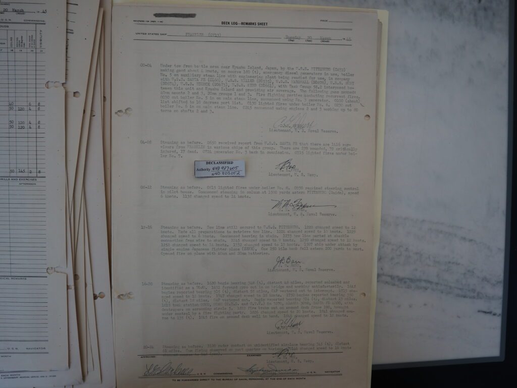 20 March 1945 deck log of USS FRANKLIN showing crusing disposition and ship's status. Natioal Archives Box 3665 P118-A1. Author photo