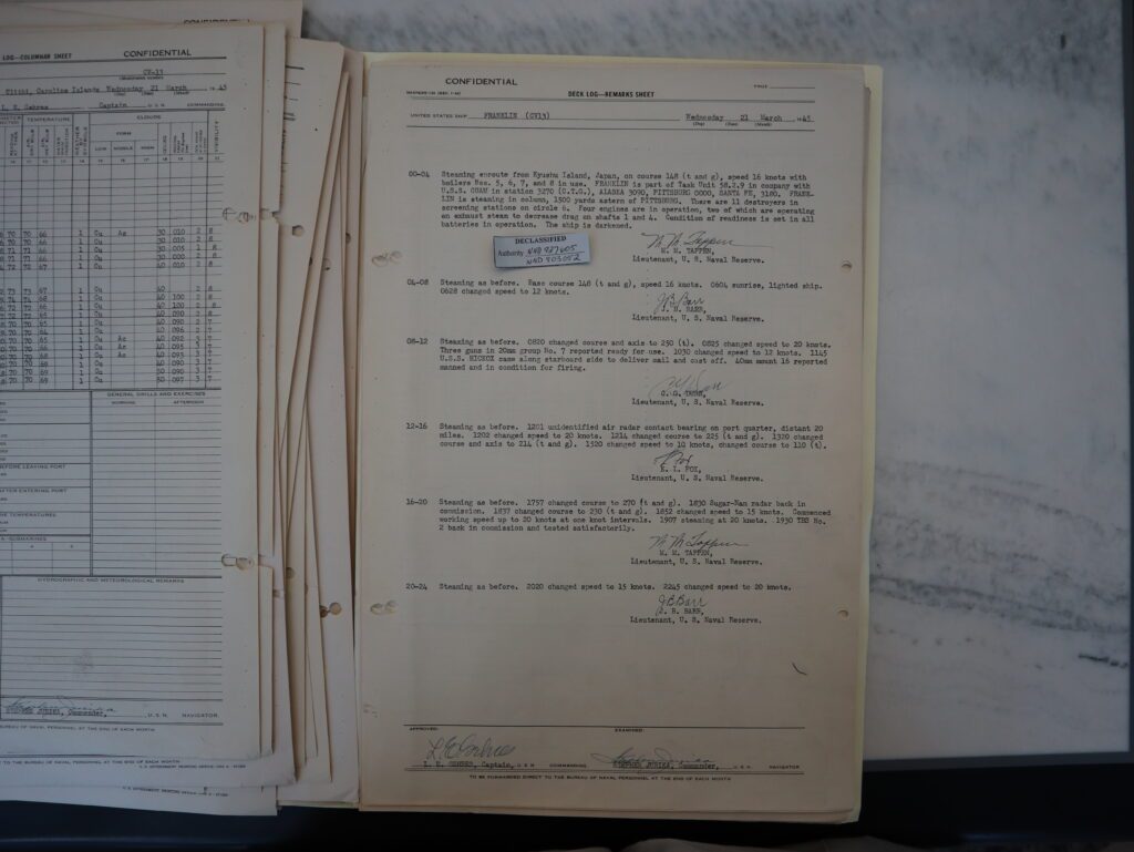 21 March 1945 deck log of USS FRANKLIN showing crusing disposition and ship's status. Natioal Archives Box 3665 P118-A1. Author photo