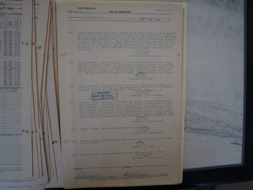 22 March 1945 deck log of USS FRANKLIN showing crusing disposition and ship's status.