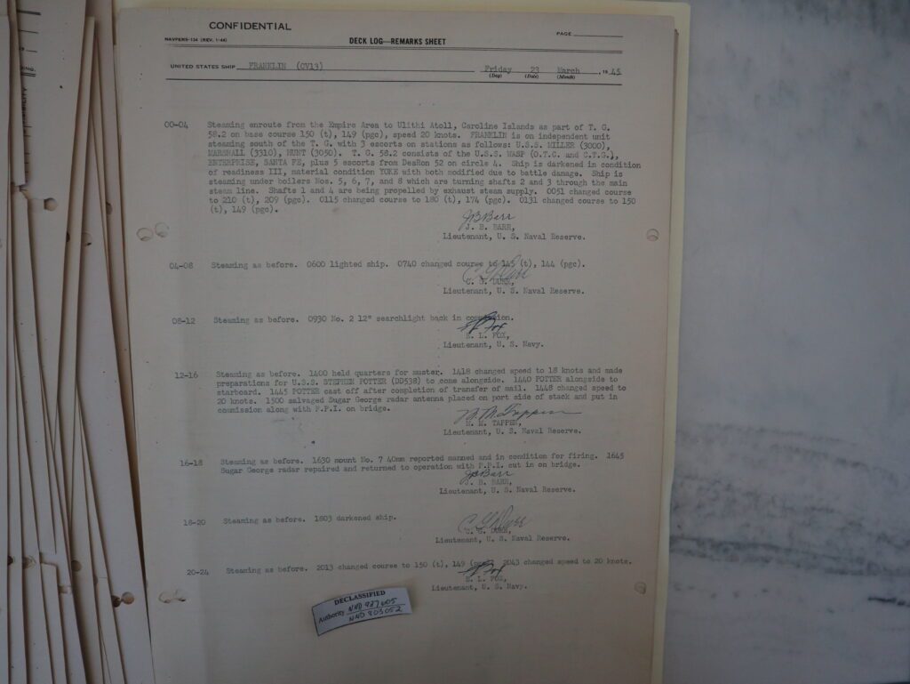 23 March 1945 deck log of USS FRANKLIN. It mentions the ship being accompanied by two other damaged carriers, WASP and ENTERPRISE along with escorts. Entries are brief compared to before the attack.