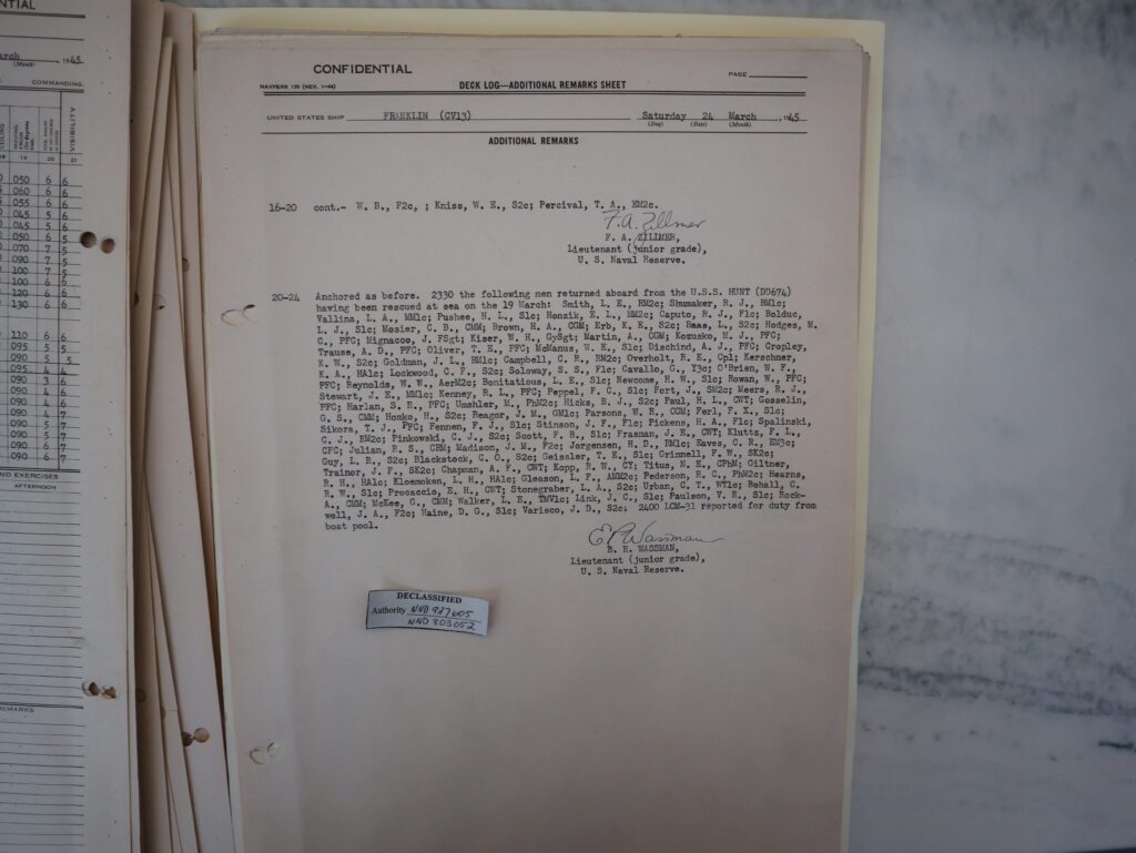 Second of two pages of the 24 March deck log of USS Franklin. This page covers the hours of 1600 to 2400 and lists men who were returned to the ship upon arriving at Ulithi.