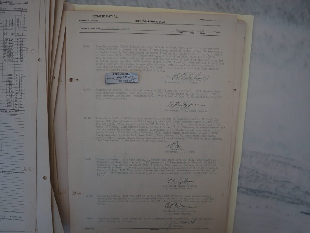 USS Franklin typed deck log for 3 April 1945. The first entry from midnight to 0400, shows her enroute to Pearl Harbor. She arrives thee mid-morning.