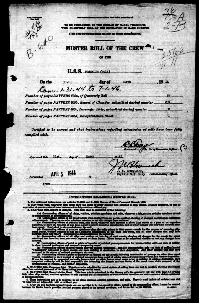 !st page of the USS Franklin Muster Roll dated 31 March 1944.