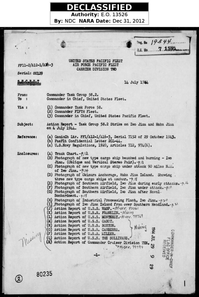 Cover page of the Task Group 58.2 Action Report of 4 July 1944. It is from Commander, Task Force 58.2 to Commander in Chief, United States Fleet. Sent via Commander Task force 58, Commander 5th fleet, and Command in chief United States Pacific Fleet. The report is 23 pages long and covers the attack on Iwo Jima, Haha Jima, and shipping near Iwo Jima.