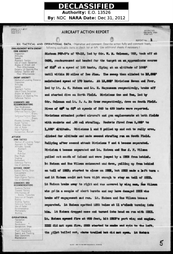 Page 5 of the Air Group 13 Aircraft Action Report showing the checklist in the left margin along with part of the narrative summary.