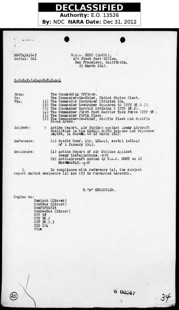 USS Hunt Action Report for March page 1 showing routing instructions, subject, enclosures, and distribution to various commands