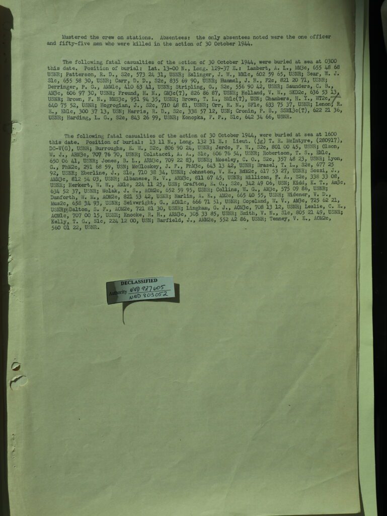 Undated page from USS Franklin decklog showing burial at sea on 31 October 1944 of those crewmembers killed the day before by a Kamikaze attack.