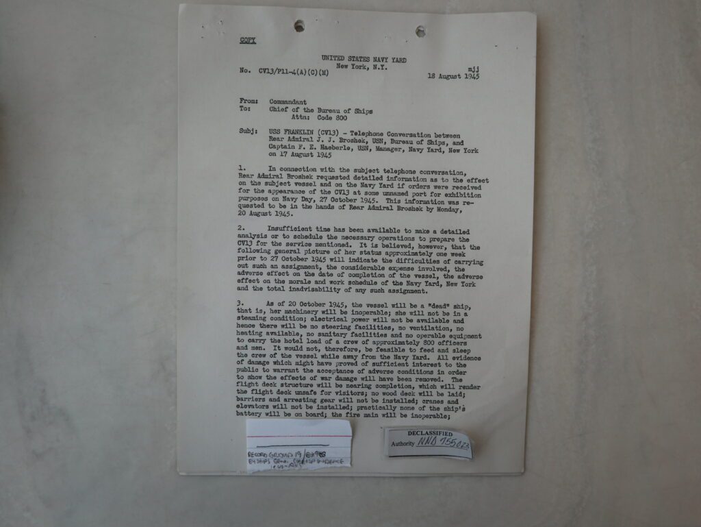 Page 1 of a letter from Capt. Haeberle, USN, Manager of the Brooklyn Navy Yard, explaining why moving Franklin to other ports to celelbrate Navy Day is a bad idea. This is one of three pages.