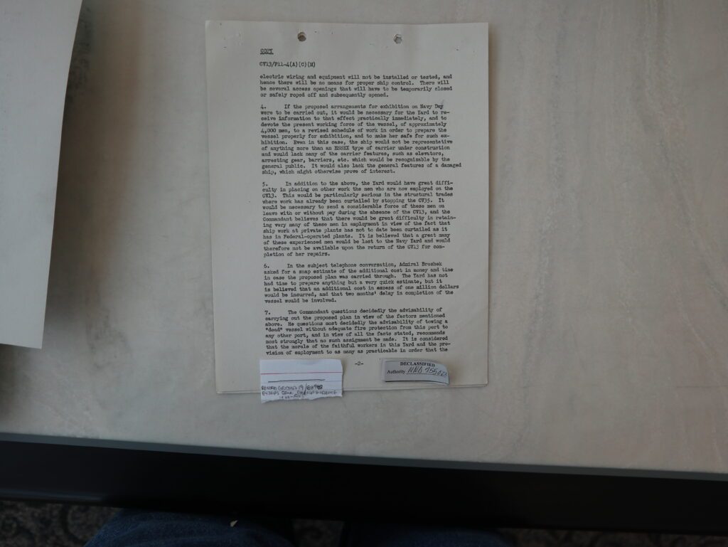 This is page two of Captain Haeberle's letter to Admiral Broshek of the Bureau of Ships listing reasons why moving Franklin is a bad idea.