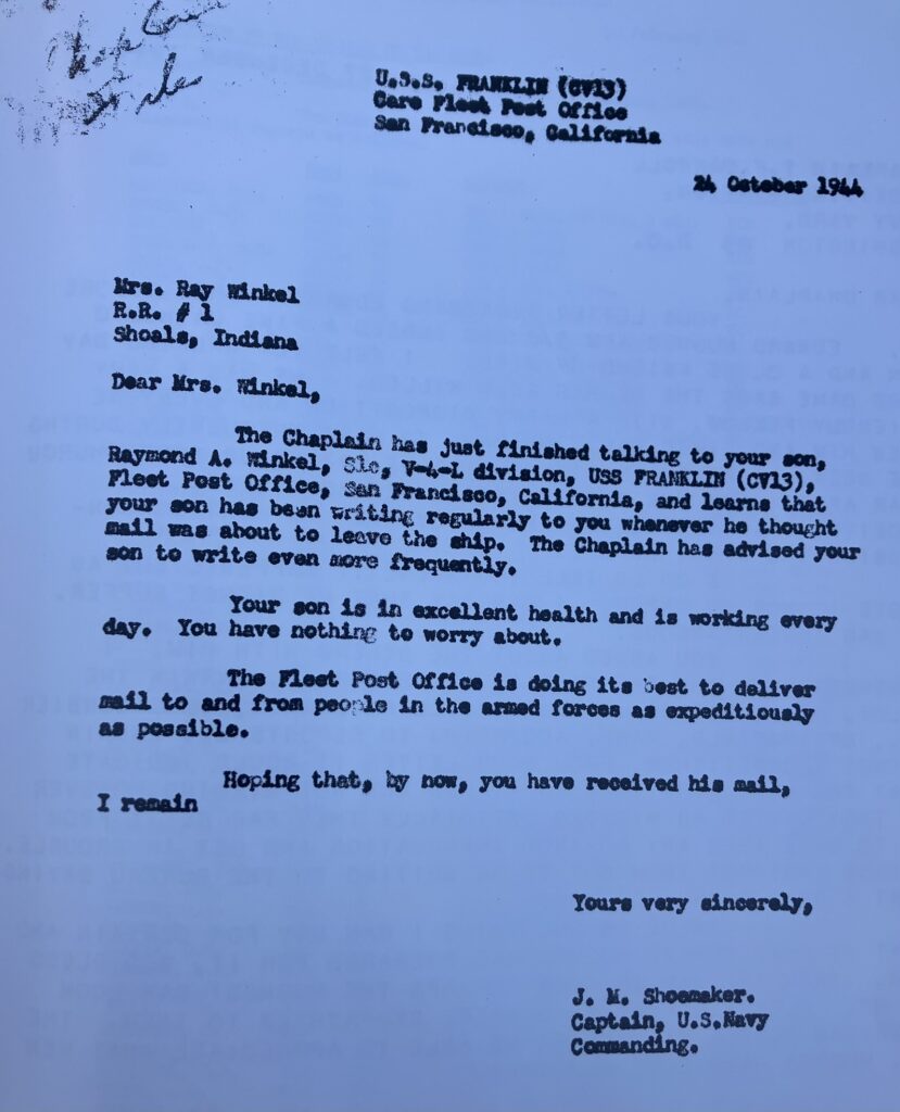 A letter from Captain James Shoemaker, of USS Franklin, to a Mrs. Ray Winkel. Mrs Winkel had written to the captain when her son Raymond had not written her.