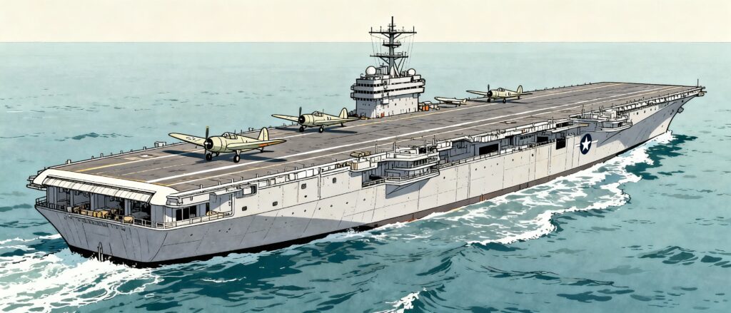 Image of an Essex-class carrier during WWII generated by AI. The aircraft are landing or taking off in the wrong direction towards the stern, they are oversized compared to the ship, the stern is misconfigured, and there are no anti-aircraft batteries on the ship.