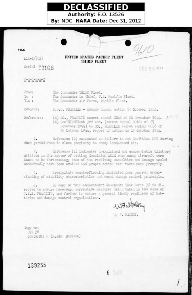 Admiral Halsey's remaks of Dec 25, 1944 showing his unhappiness with the delay in setting the proper material readiness condition on USS Franklin during the 30 October 1944 kamikaze attack.