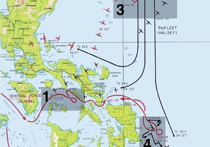 Map of the various battles fought between 24-26 October 1944 in the Philippines.