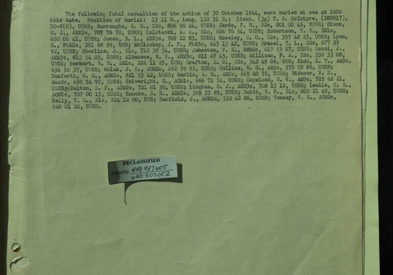 Undated page from USS Franklin decklog showing burial at sea on 31 October 1944 of those crewmembers killed the day before by a Kamikaze attack.