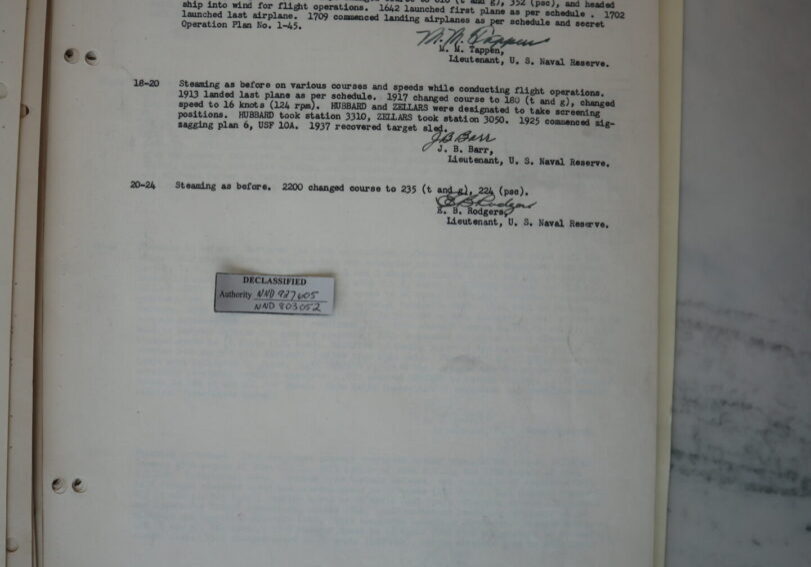 USS Franklin Deck Log for the afternoon and evening of 16 February 1945. It mentions the deaths of two pilots in a training exercise.
