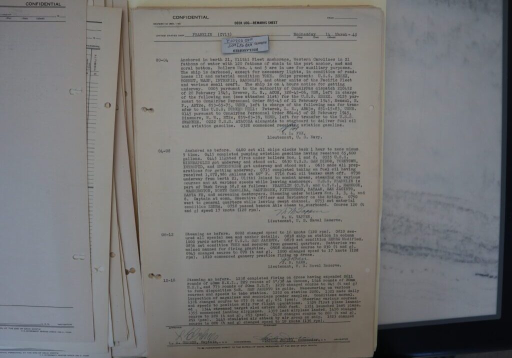 14 March 1945 deck log of USS FRANKLIN for the time of 1201 midnight to 1600 hours. Discusses leaving Ulitihi Atoll, other ships accompanying her, gunnery practice, and air operations.