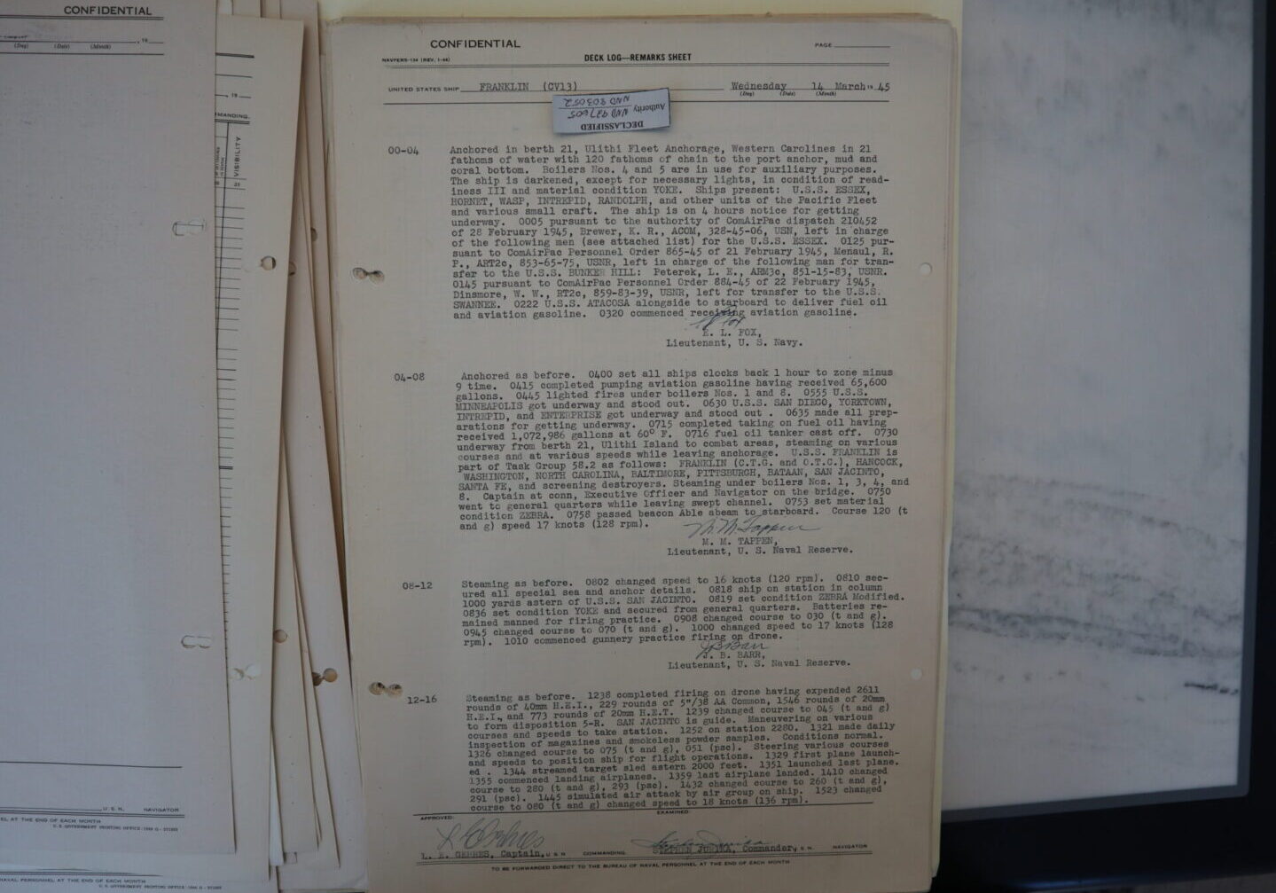 14 March 1945 deck log of USS FRANKLIN for the time of 1201 midnight to 1600 hours. Discusses leaving Ulitihi Atoll, other ships accompanying her, gunnery practice, and air operations.