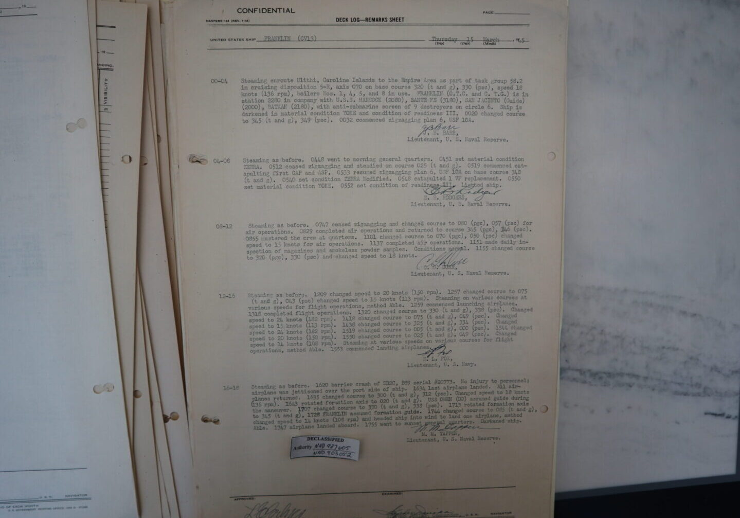 USS FRANKLIN deck log 15 MAR 1945 1000 hours to 1800 hours. Log shows ship and Task Force en route to combat area. off the southern coast of Japan.