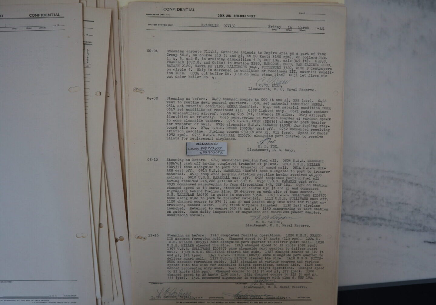 USS FRANKLIN deck log 16 MAR 1945 0000 hours to 1600 hours. Log shows ship and Task Force en route to combat area. off the southern coast of Japan.