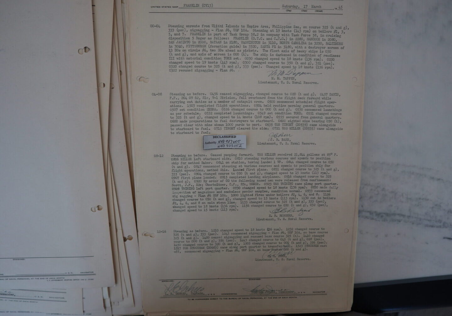 Page 1 of 17 March 1945 deck log of USS FRANKLIN showing crusing disposition and ship's status. Natioal Archives Box 3665 P118-A1. Author photo