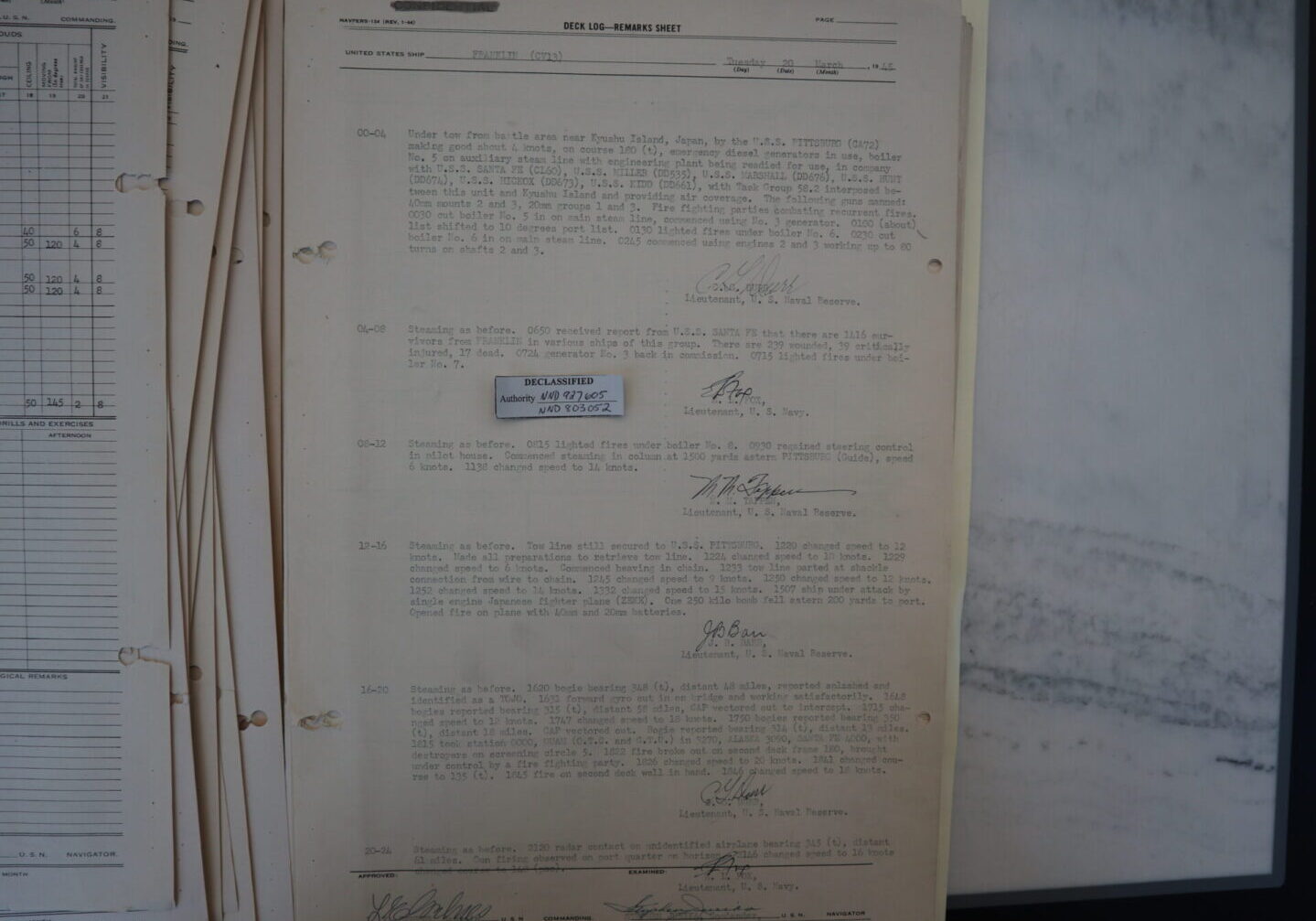 20 March 1945 deck log of USS FRANKLIN showing crusing disposition and ship's status. Natioal Archives Box 3665 P118-A1. Author photo