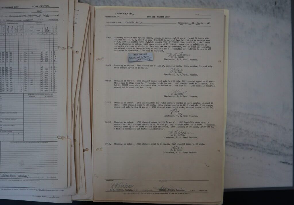 21 March 1945 deck log of USS FRANKLIN showing crusing disposition and ship's status. Natioal Archives Box 3665 P118-A1. Author photo