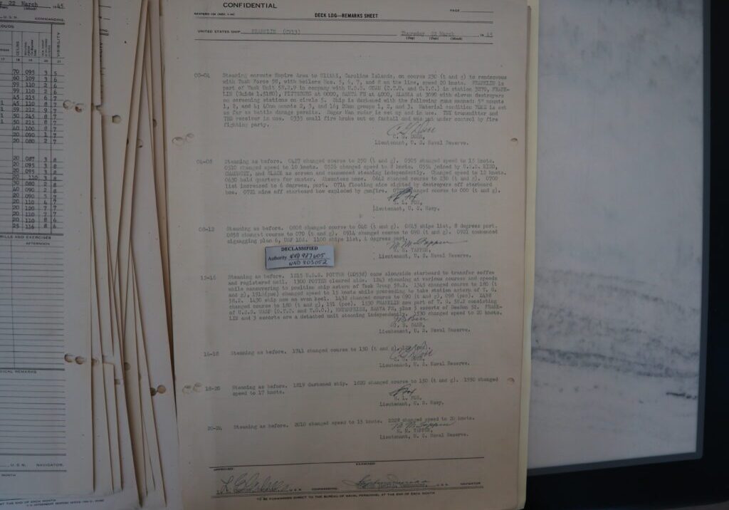 22 March 1945 deck log of USS FRANKLIN showing crusing disposition and ship's status.