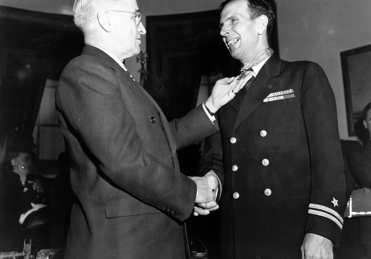 President Truman presents Lt (j.g.) Donald Gary with the Medal of Honor