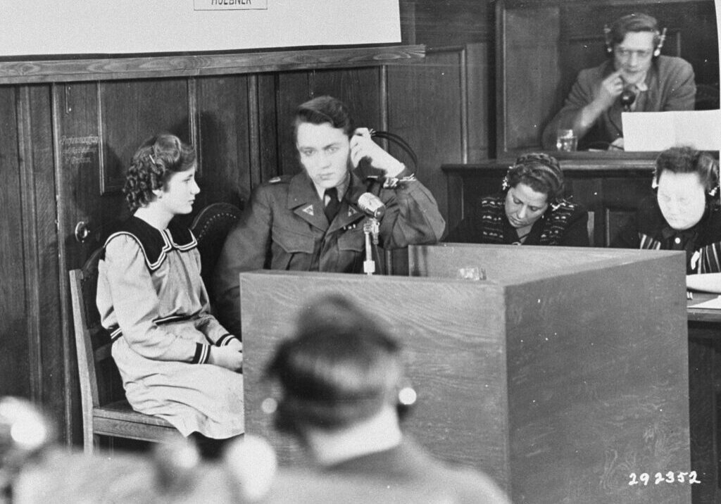 Marie Šupíková, one of the children kidnapped from Lidice, testifies at the RuSHA trial