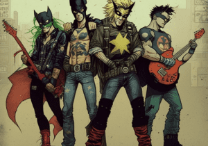 “Grunge Heroes” by Stephen Wolfson for Creative Commons was generated by the Midjourney Artificial Intelligence (AI) platform with the text prompt “a grunge band from the 1990s made up of superheroes.” CC dedicates any rights it holds to the image to the public domain.