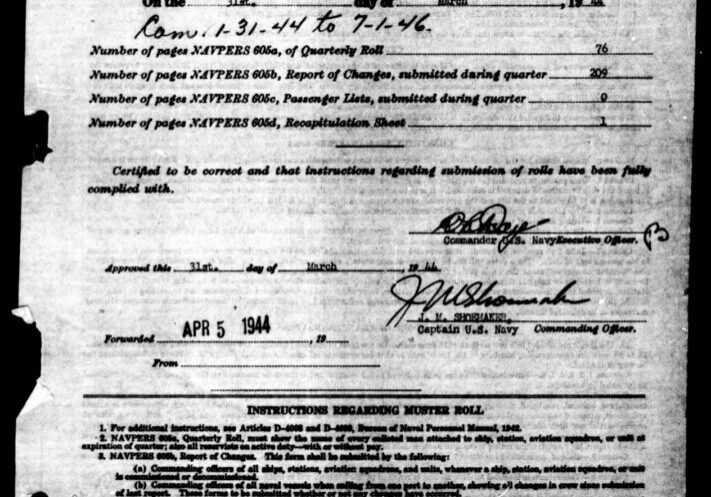!st page of the USS Franklin Muster Roll dated 31 March 1944.