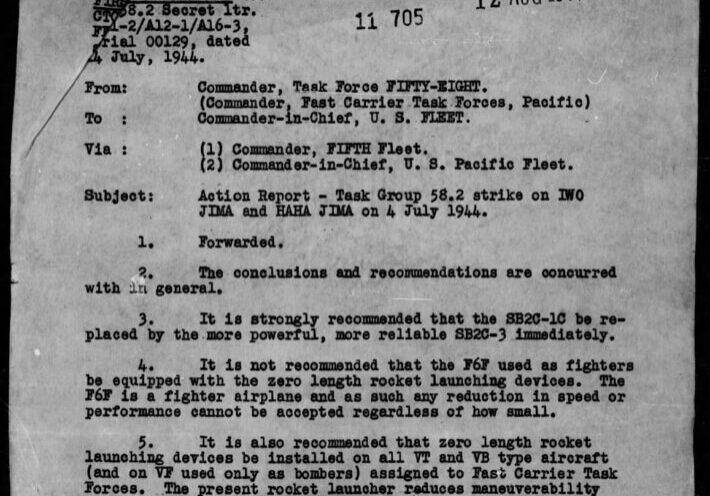 Admiral Mitscher's one page endorsement of Task Group 58.2's action report of 4 July 1944. In it, he endorses three of four of the recommendations.
